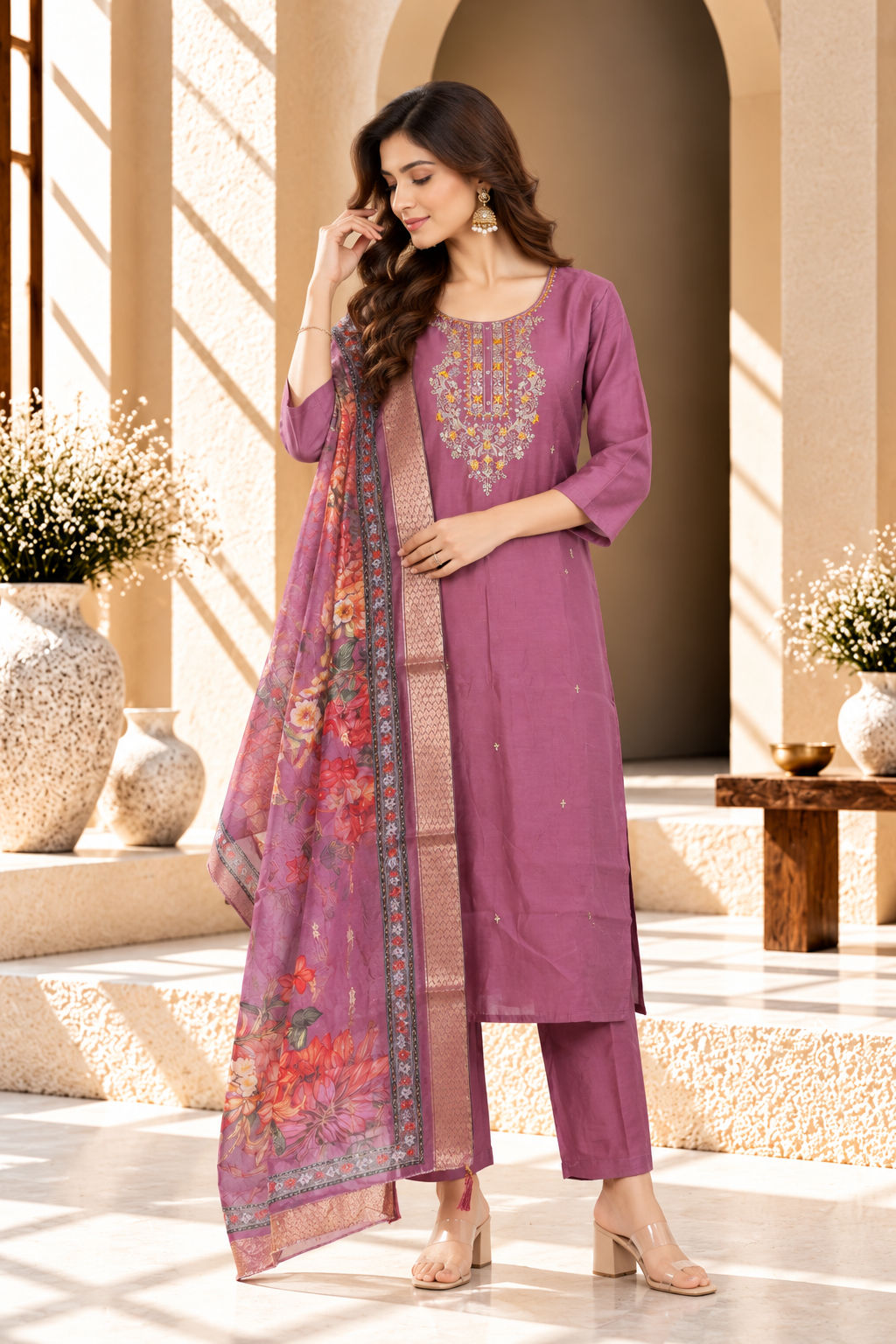 Dusty Pink Floral Embroidered Soft Silk Kurta Set