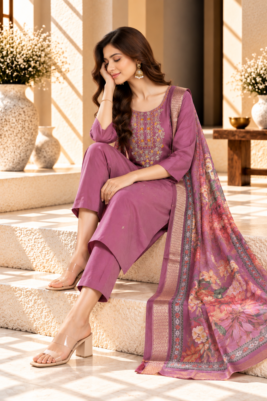 Dusty Pink Floral Embroidered Soft Silk Kurta Set
