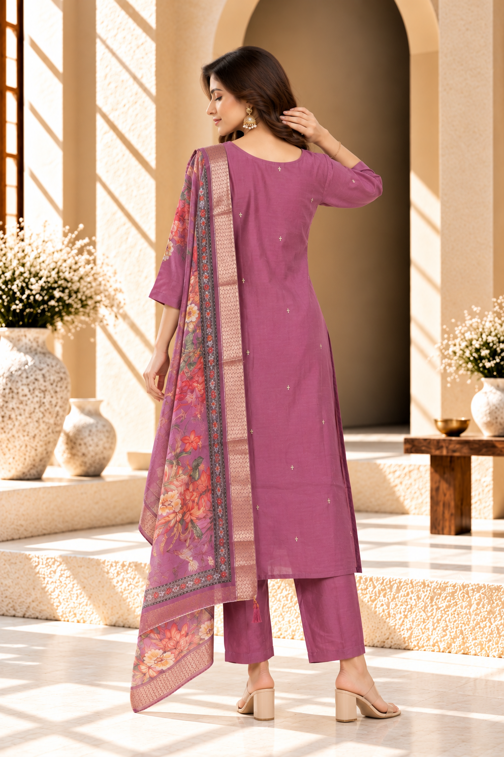 Dusty Pink Floral Embroidered Soft Silk Kurta Set