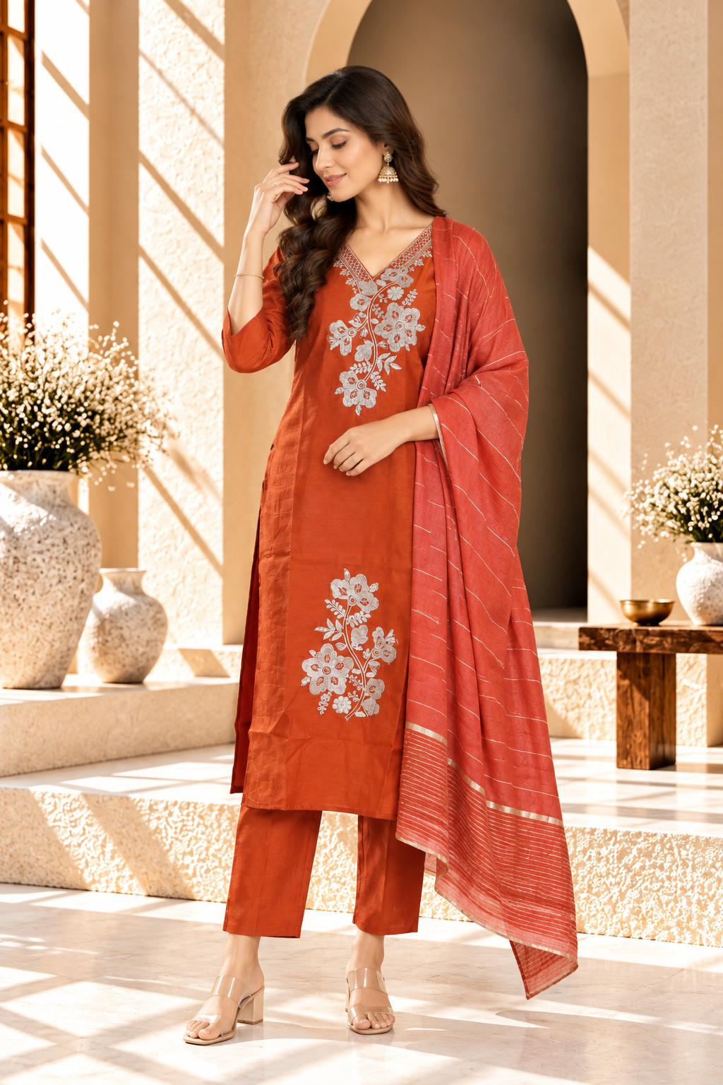 Rust Orange Floral Embroidered Soft Silk Kurta Set