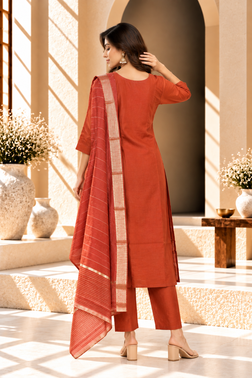 Rust Orange Floral Embroidered Soft Silk Kurta Set