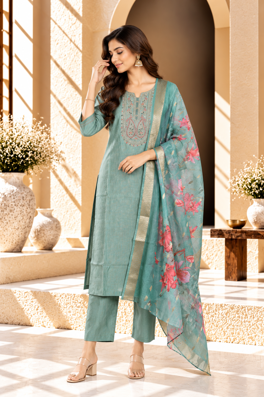 Sea Green Floral Printed Rayon Blend Kurta Set