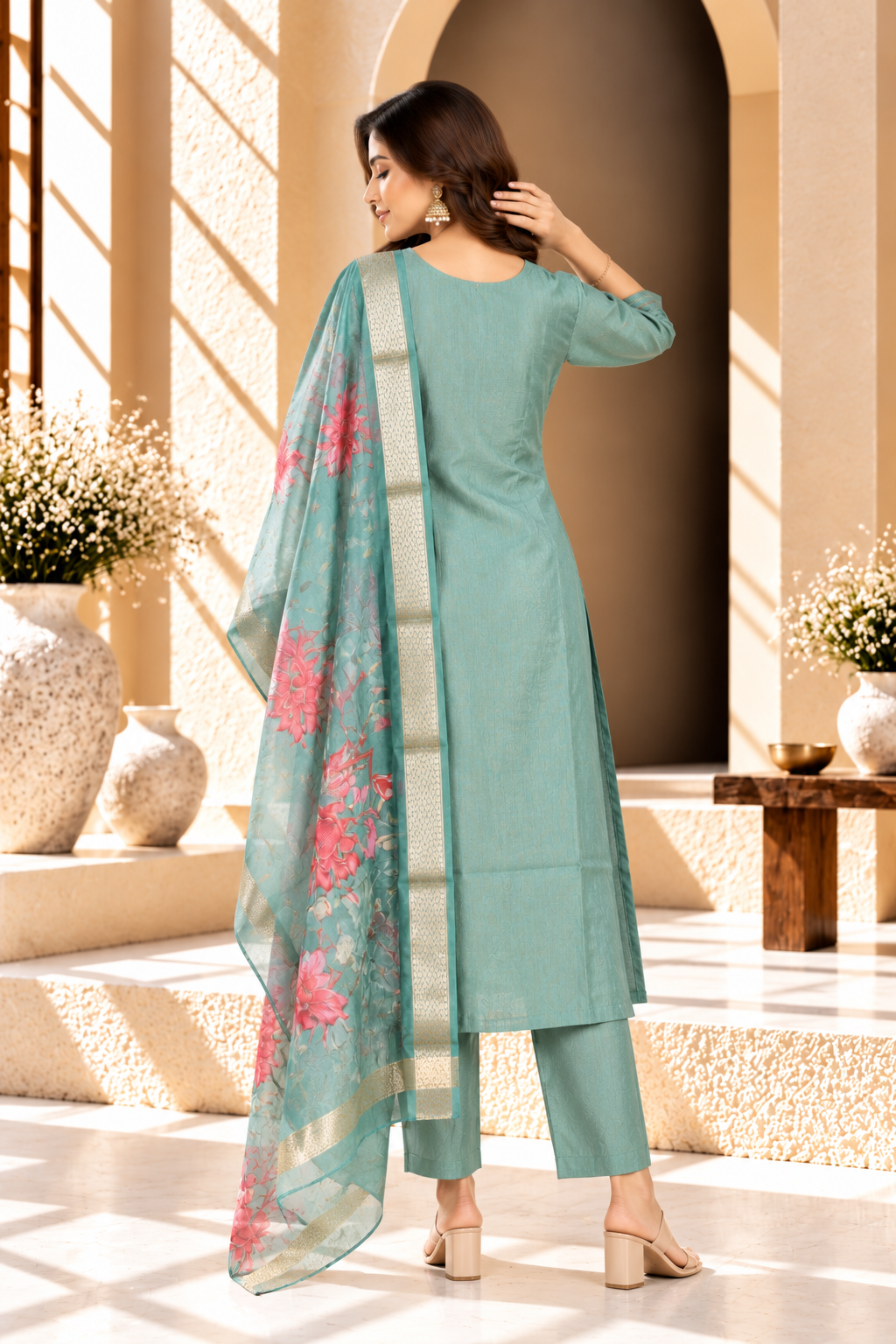 Sea Green Floral Printed Rayon Blend Kurta Set