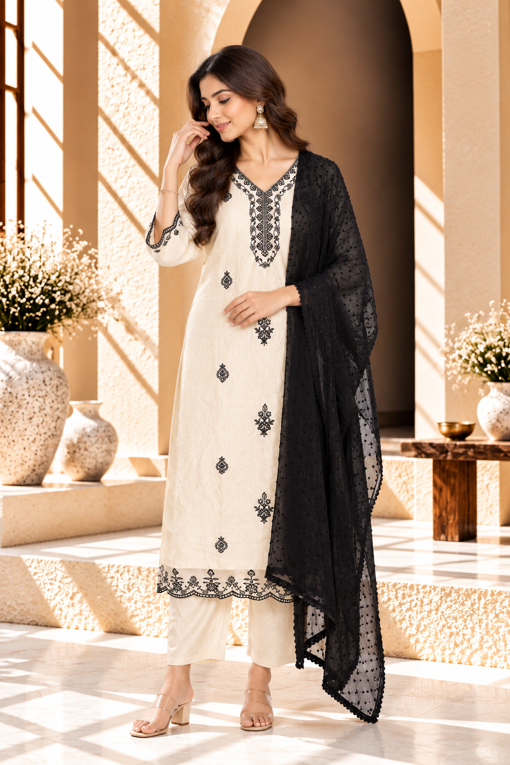 Cream & Black Embroidered Vatican Kurta Set