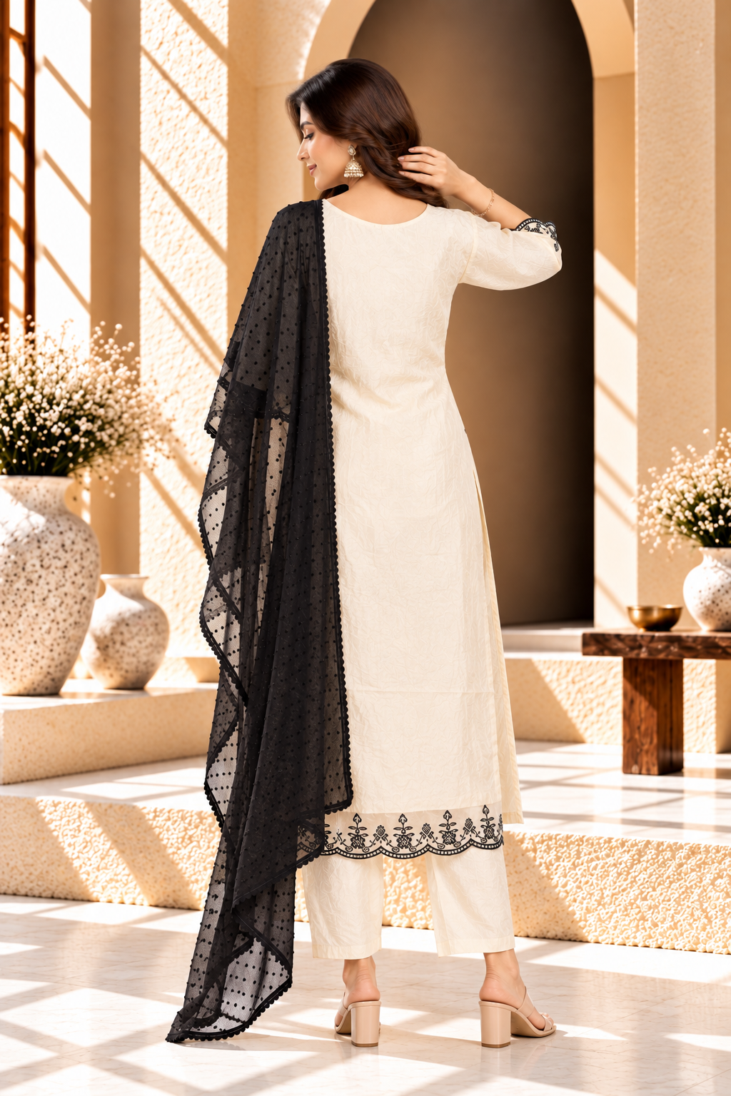 Cream & Black Embroidered Vatican Kurta Set