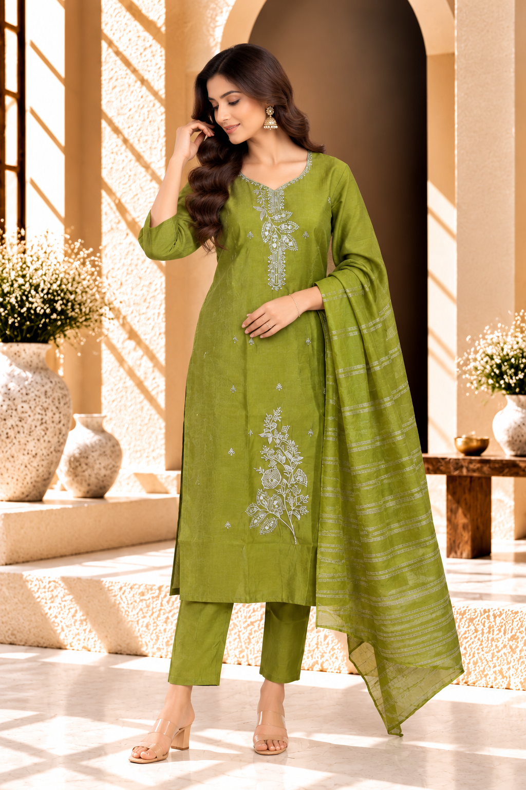 Olive Green Floral Embroidered Soft Silk Kurta Set
