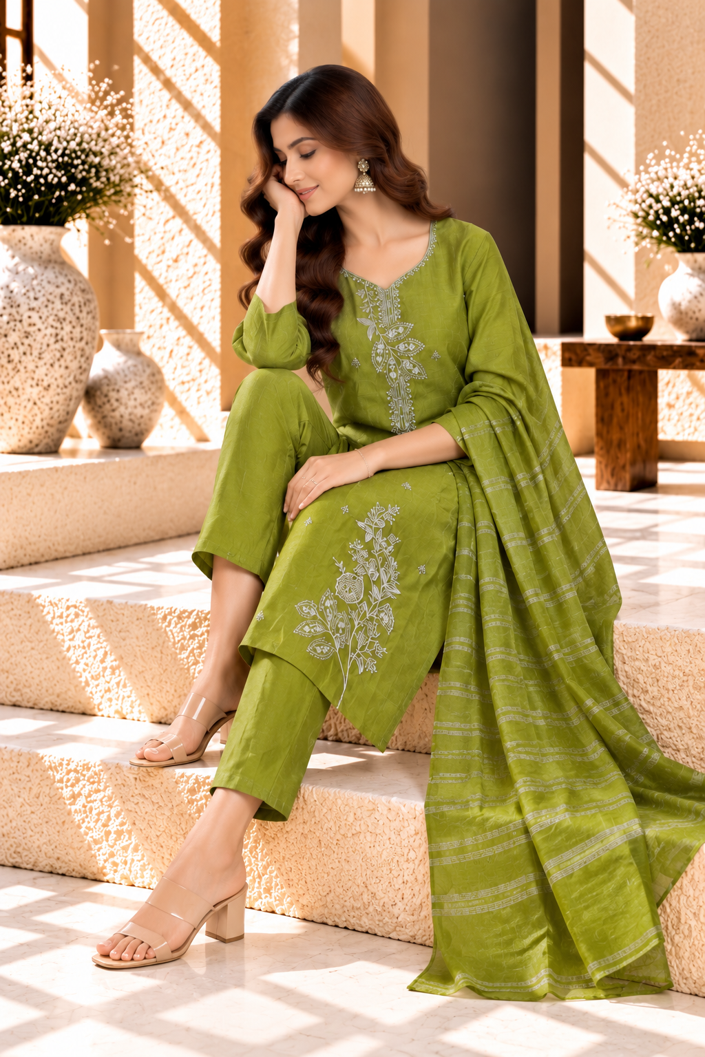 Olive Green Floral Embroidered Soft Silk Kurta Set