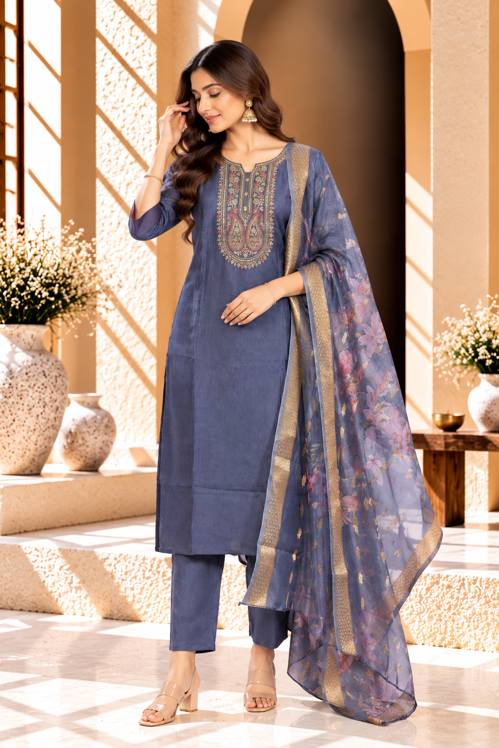 Navy Blue Floral Print Rayon Blend Kurta Set