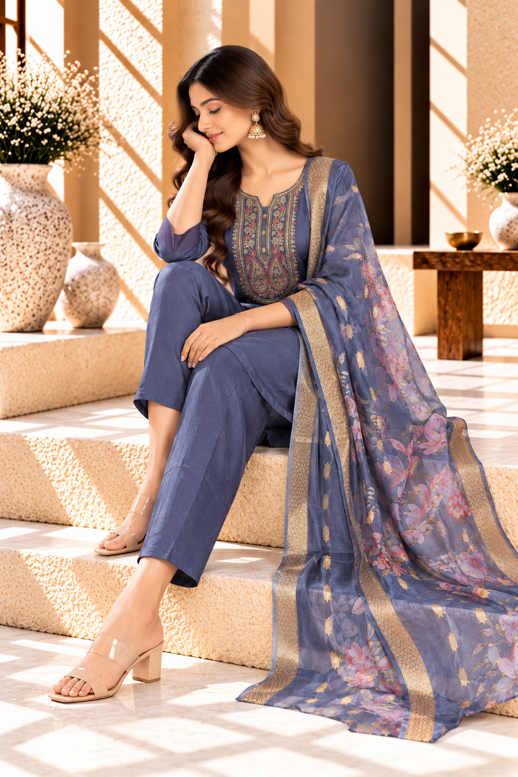 Navy Blue Floral Print Rayon Blend Kurta Set