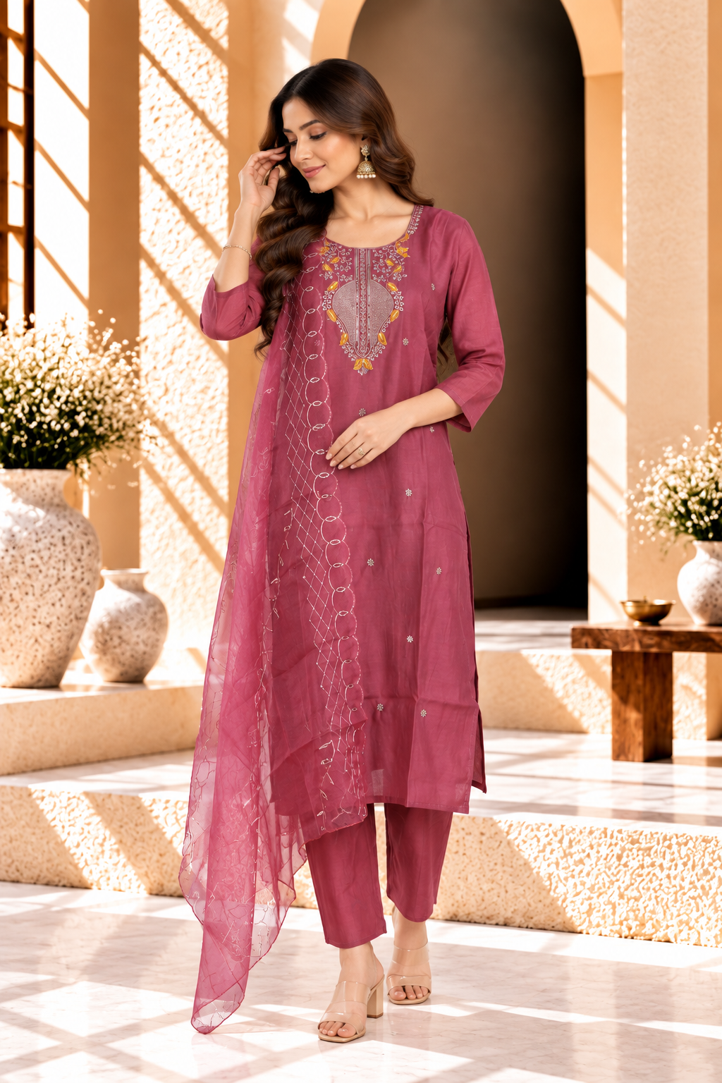Rose Pink Embroidered Soft Silk Kurta Set