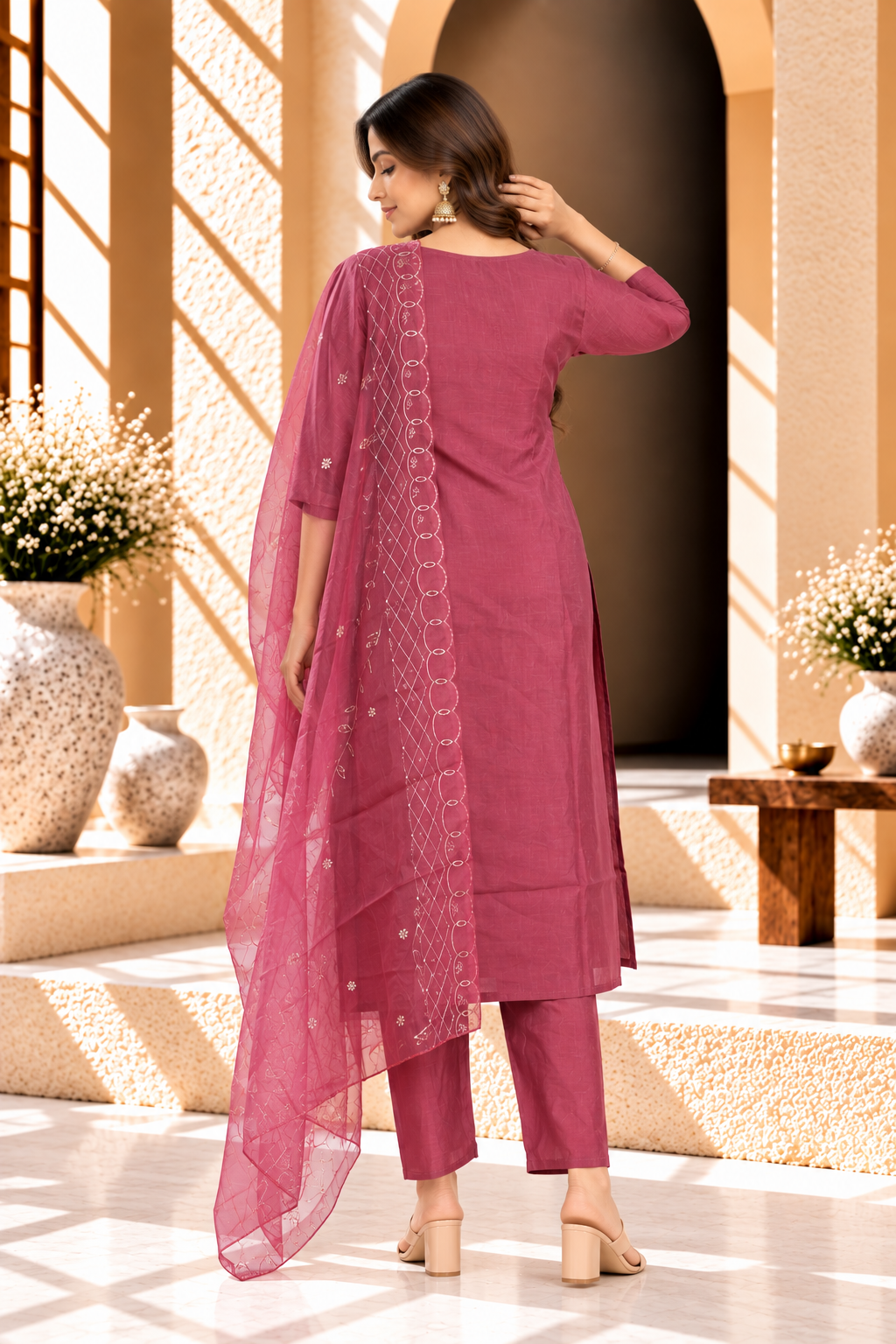 Rose Pink Embroidered Soft Silk Kurta Set