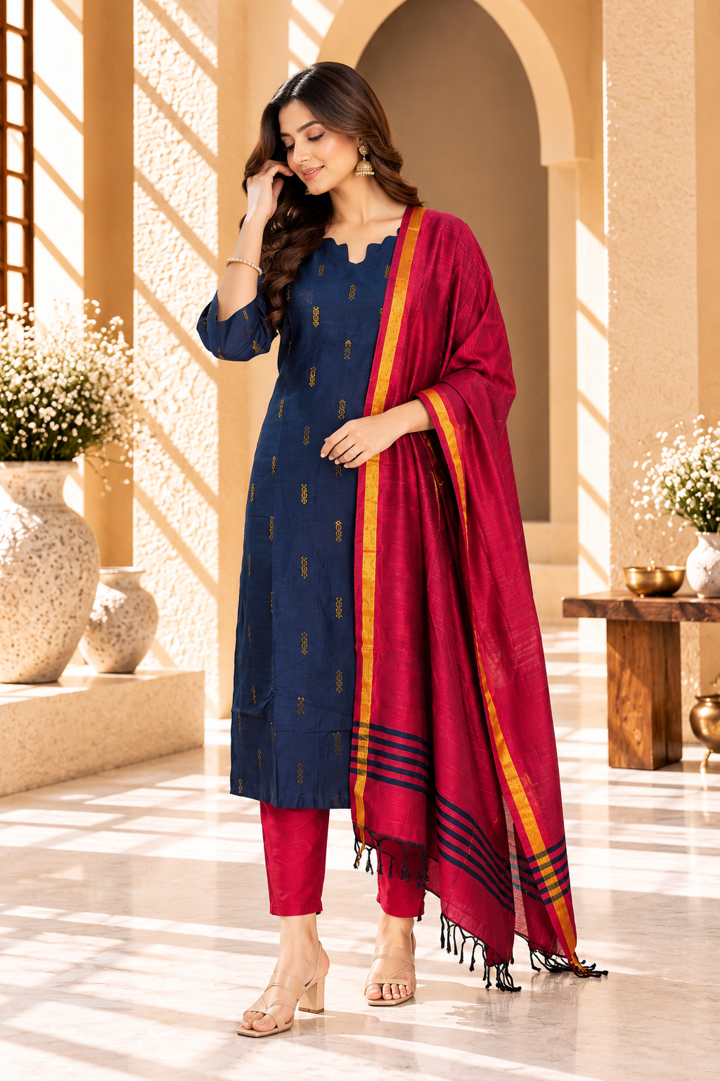 Navy Blue & Magenta Raw Silk Traditional Kurta Set