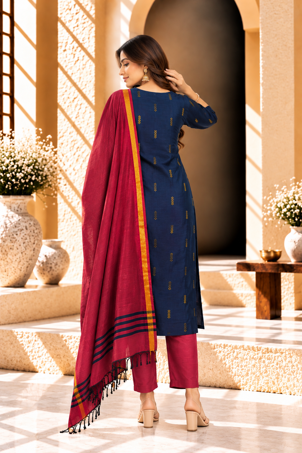 Navy Blue & Magenta Raw Silk Traditional Kurta Set