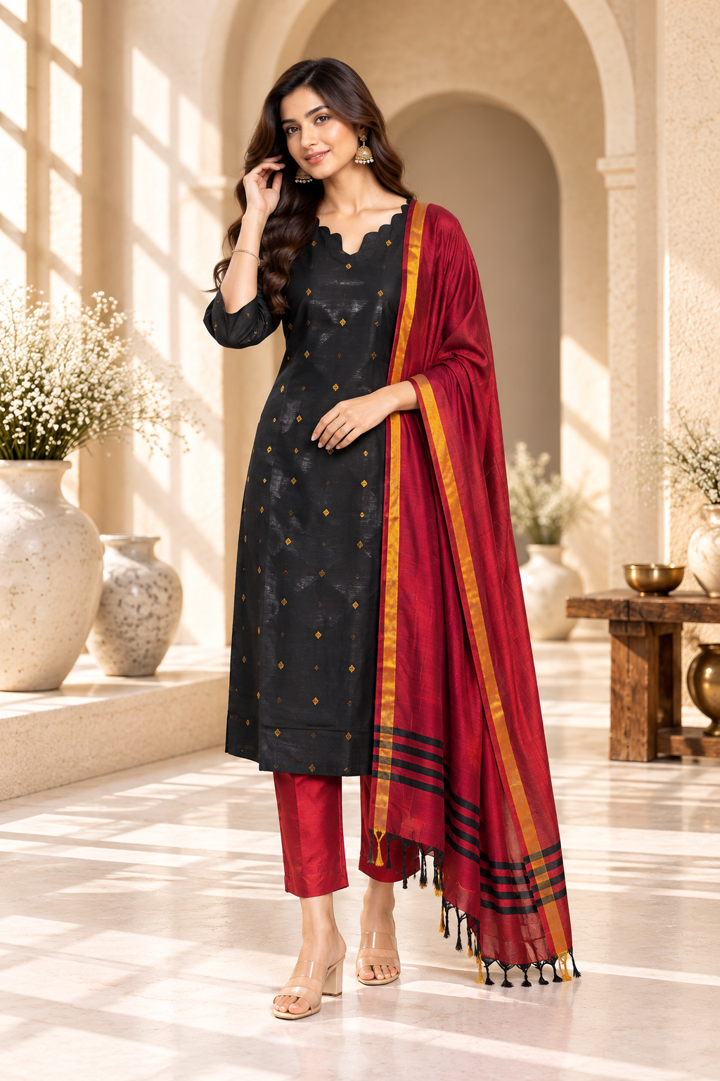 Black & Red Raw Silk Traditional Kurta Set