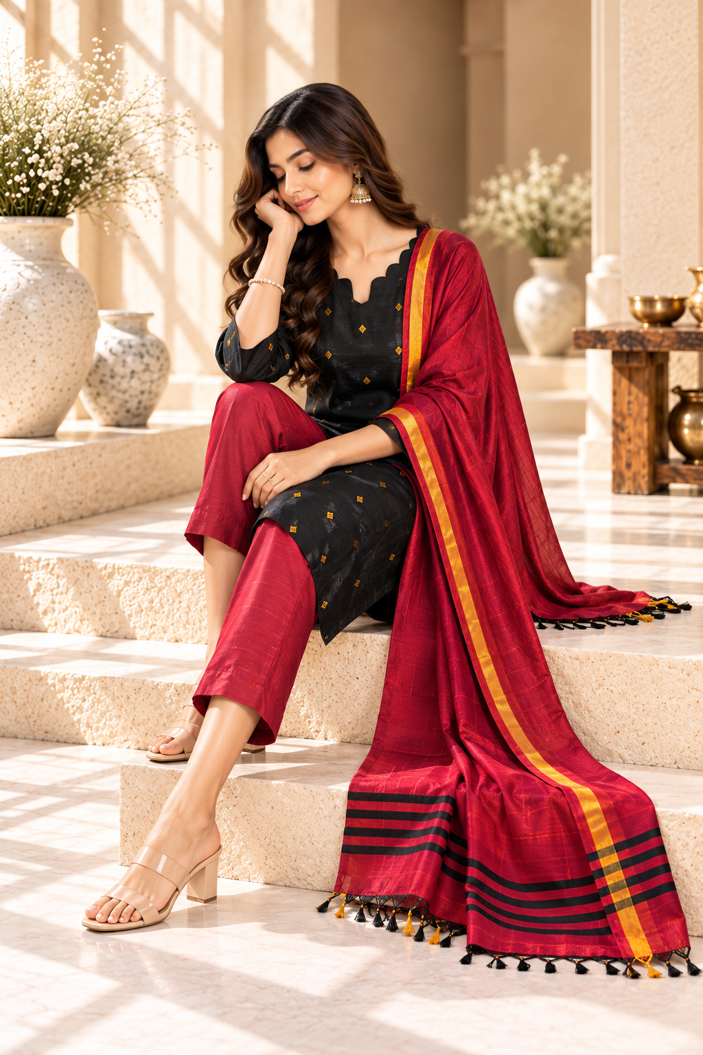 Black & Red Raw Silk Traditional Kurta Set