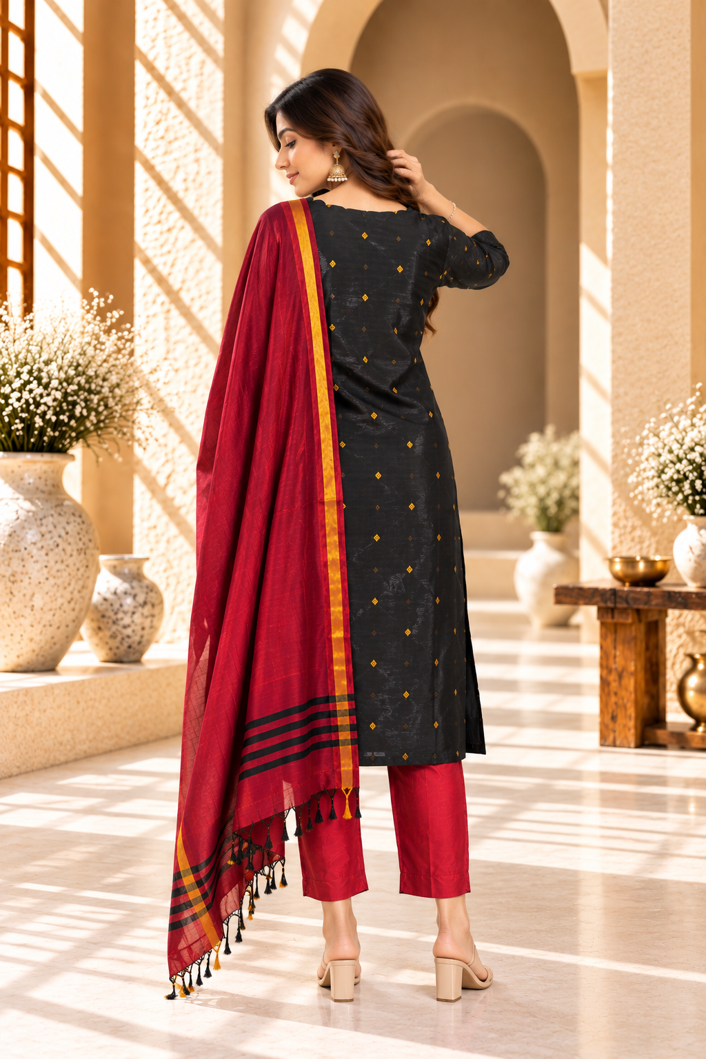 Black & Red Raw Silk Traditional Kurta Set