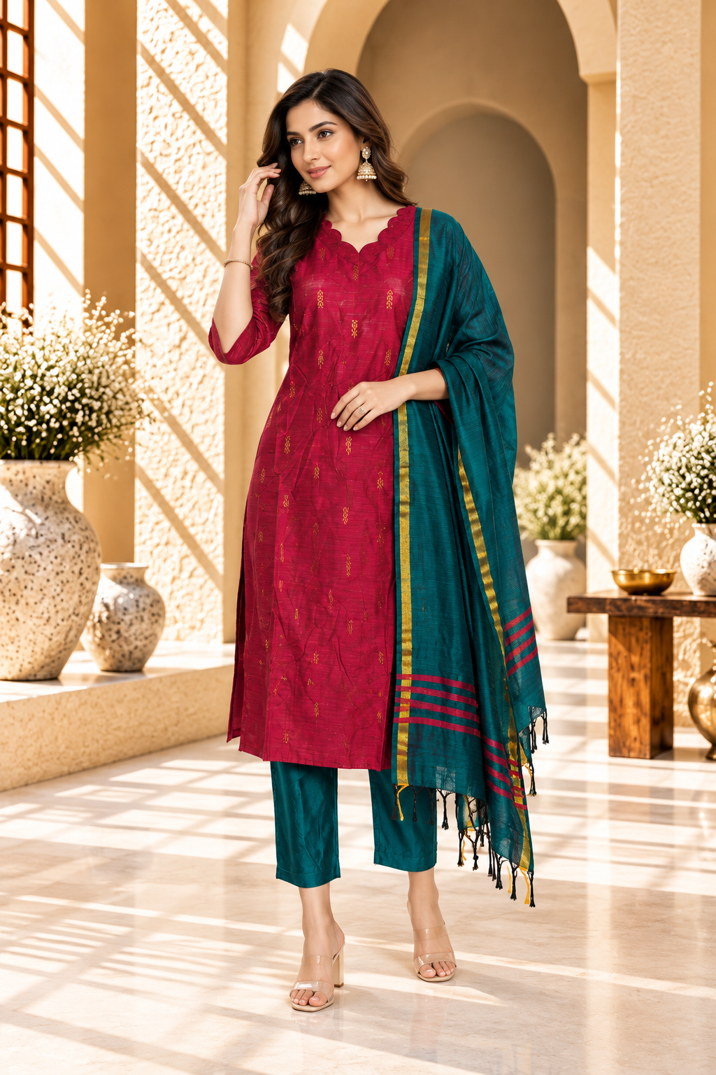 Magenta & Teal Raw Silk Traditional Kurta Set