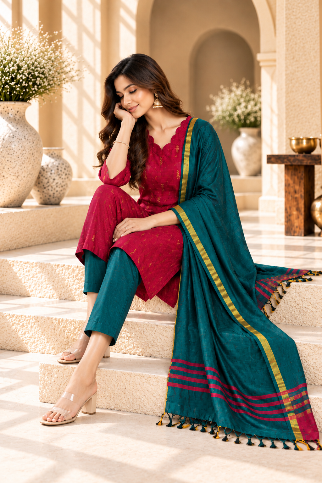 Magenta & Teal Raw Silk Traditional Kurta Set
