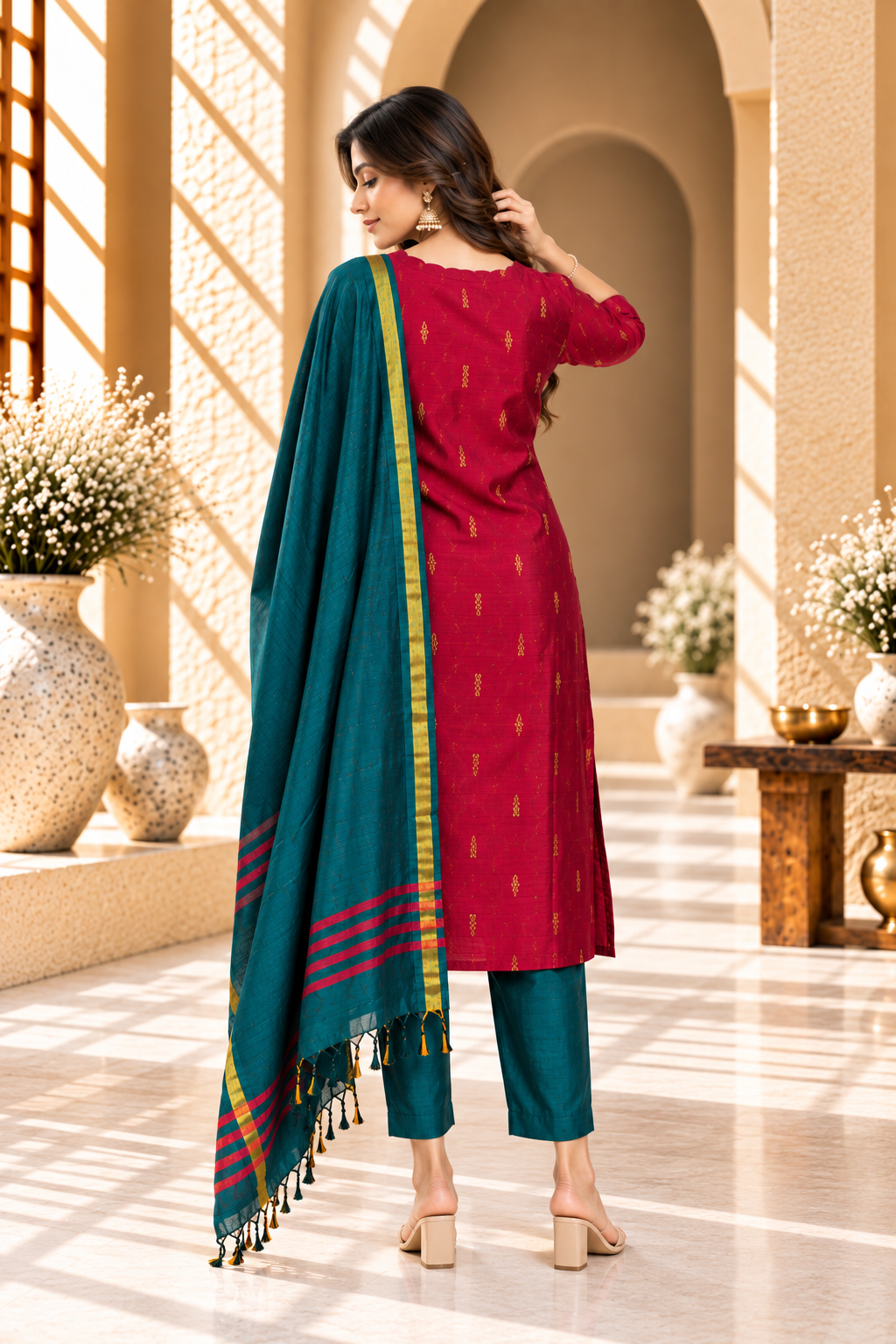 Magenta & Teal Raw Silk Traditional Kurta Set
