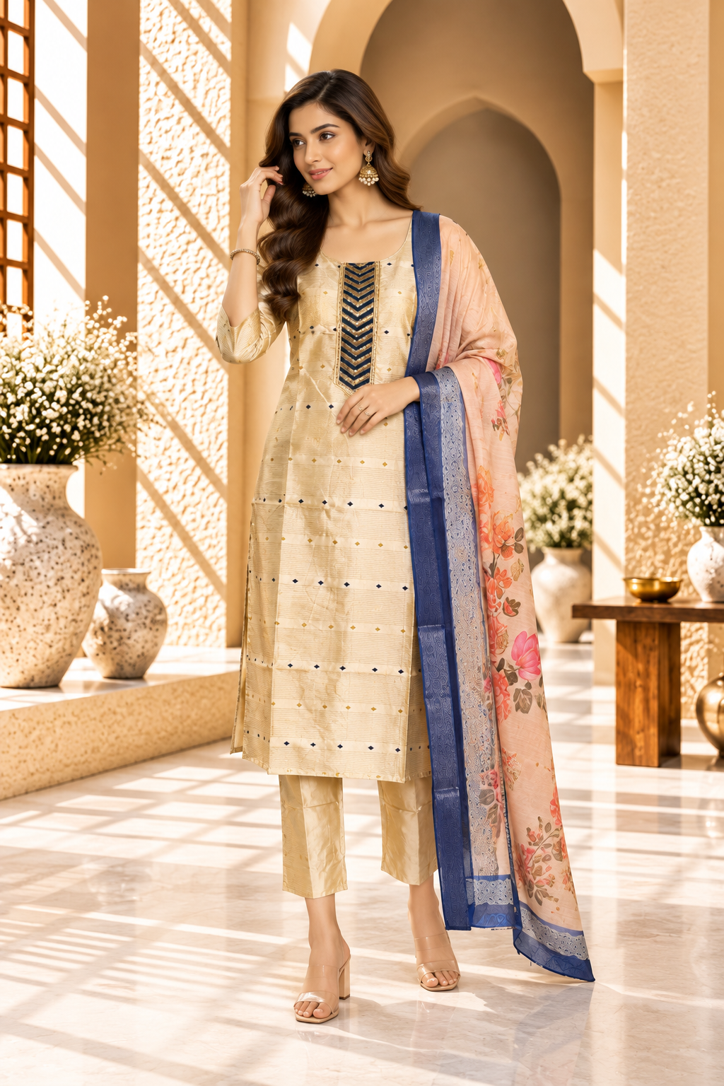 Cream & Blue Floral Printed Soft Silk Kurta Set