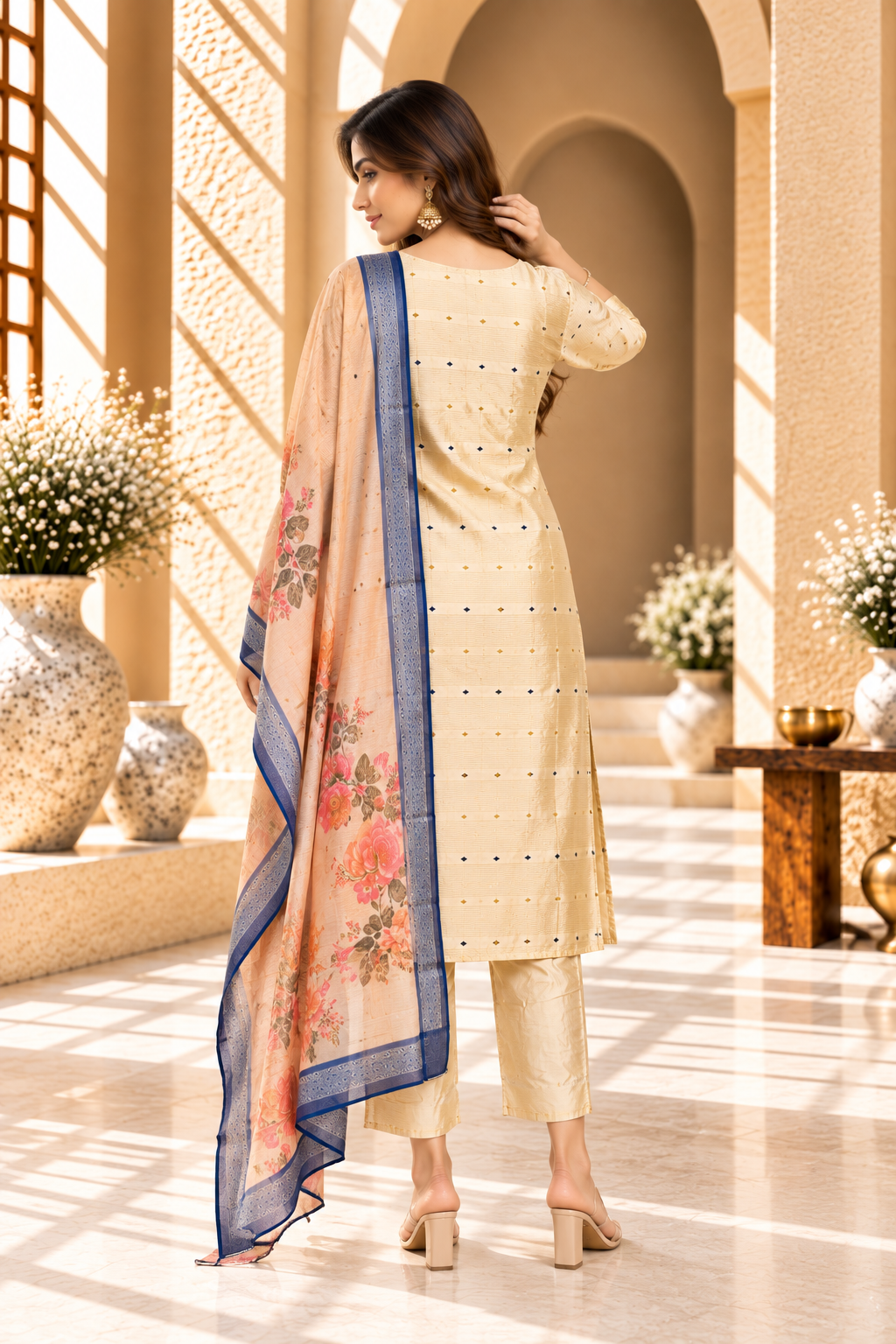 Cream & Blue Floral Printed Soft Silk Kurta Set