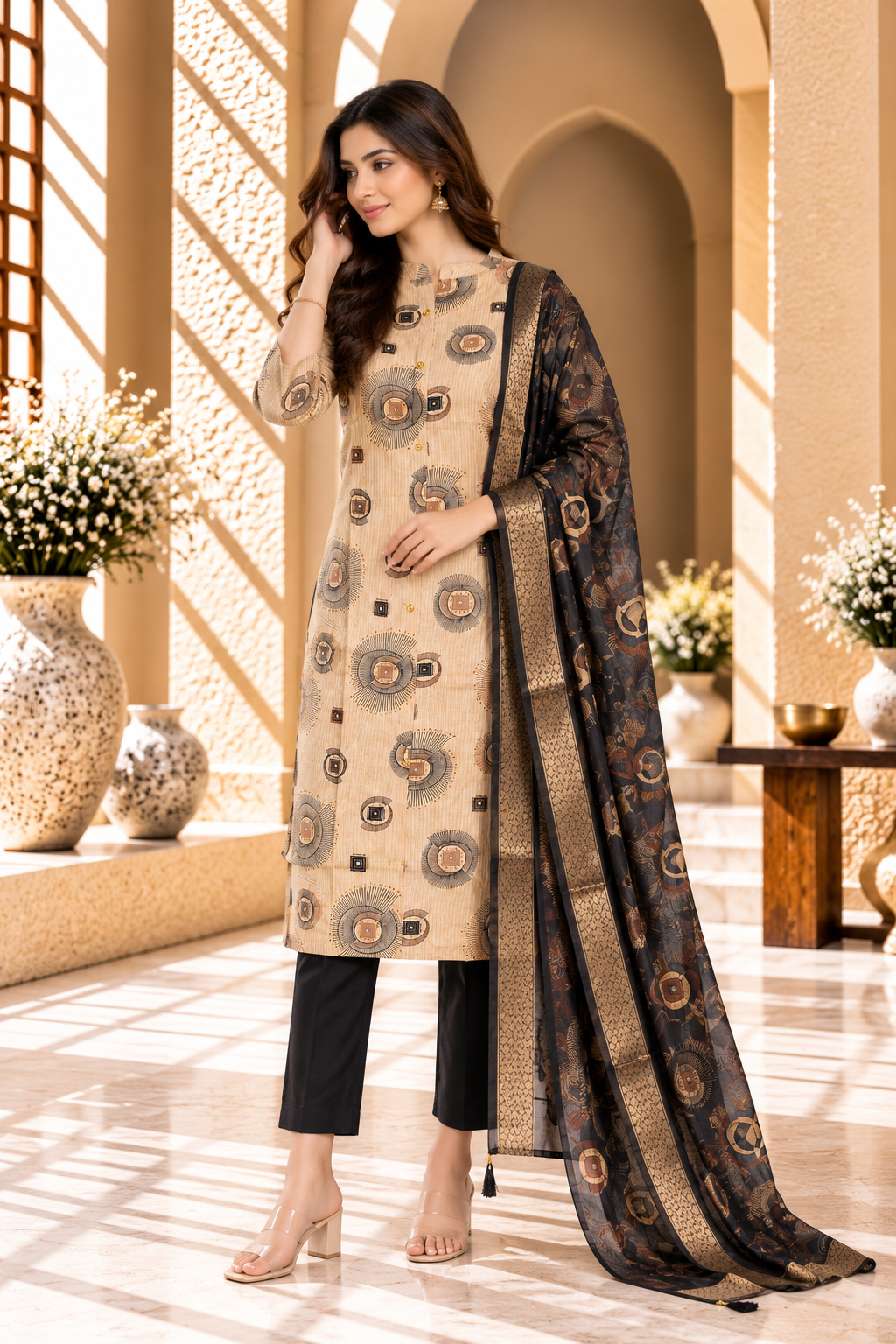 Beige & Black Geometric Printed Rayon Kurta Set