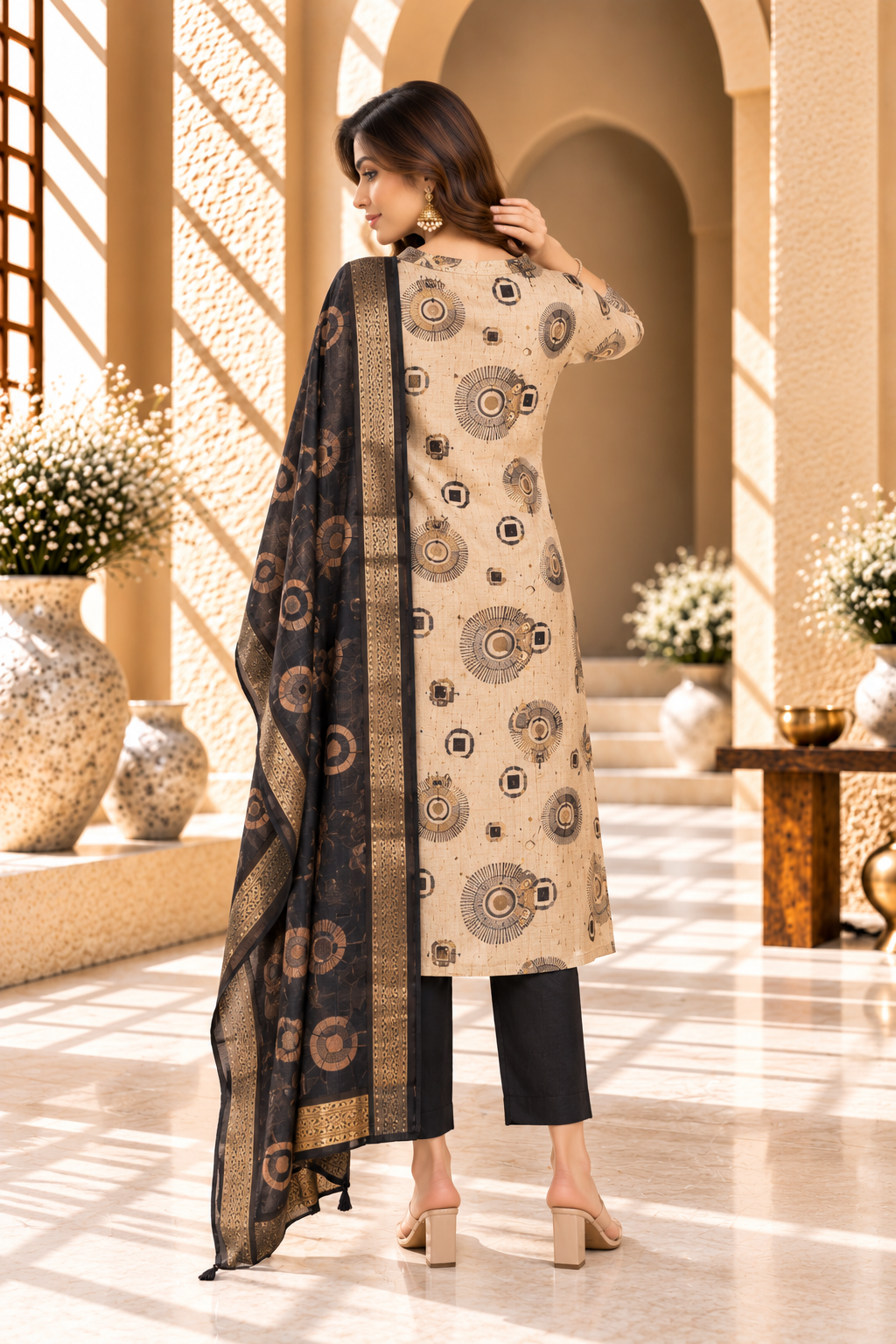 Beige & Black Geometric Printed Rayon Kurta Set