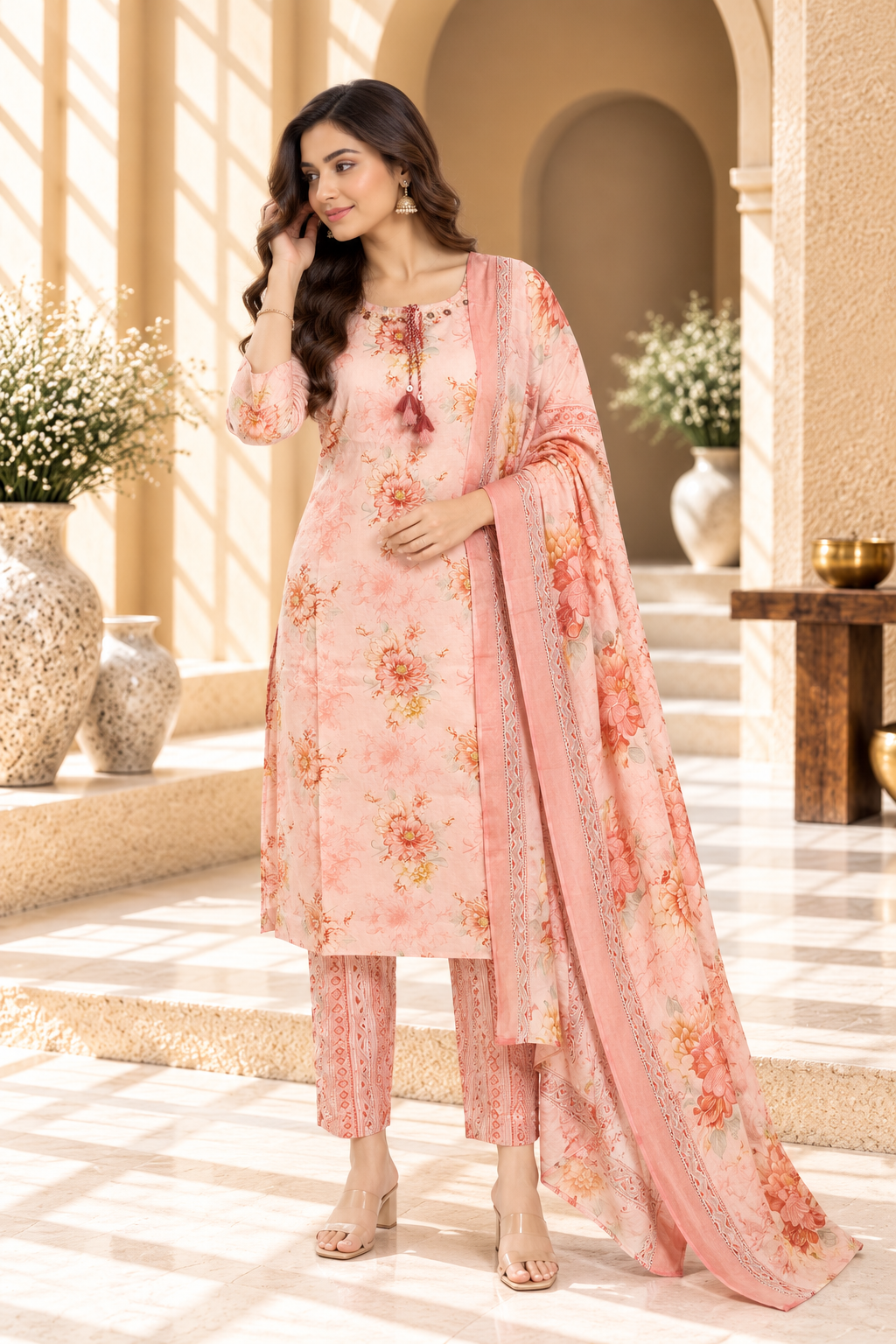 Peach Floral Printed Rayon Kurta Set