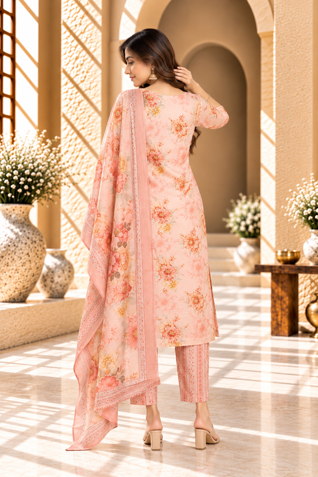 Peach Floral Printed Rayon Kurta Set