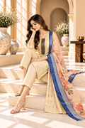 Cream & Blue Floral Printed Soft Silk Kurta Set