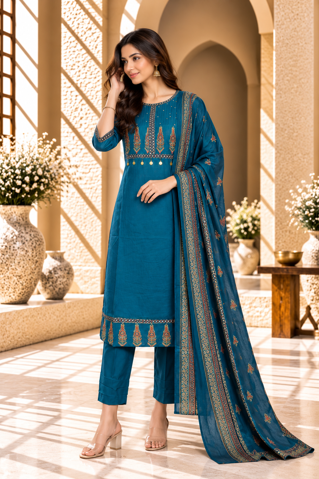 Teal Blue Printed Rayon Kurta Set