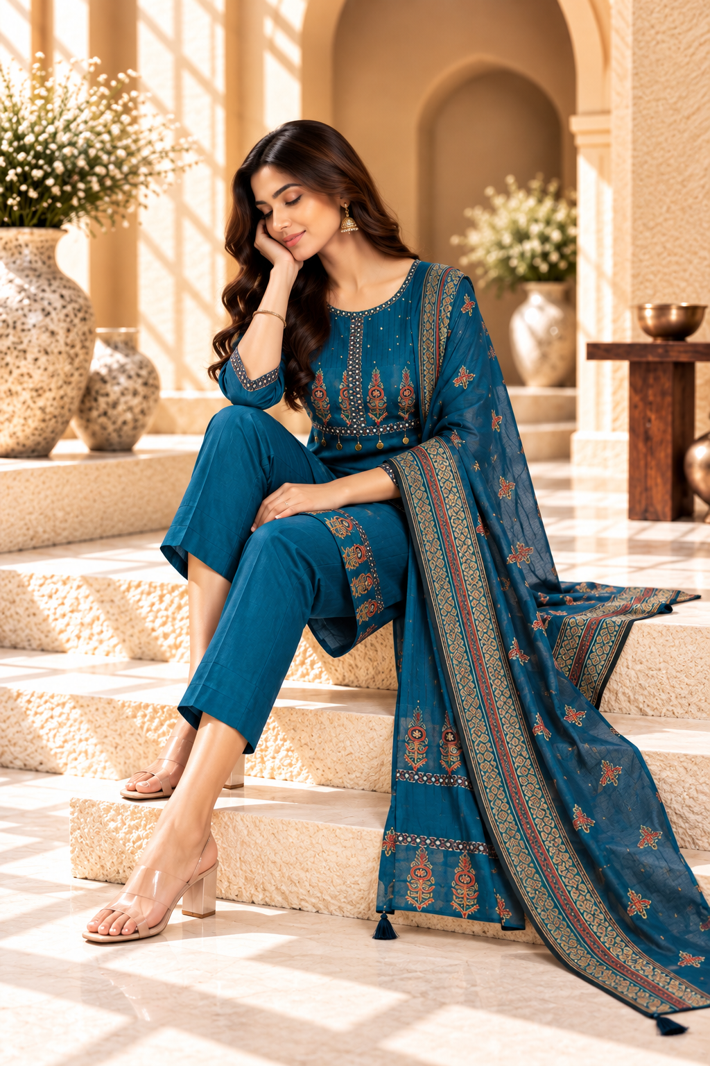 Teal Blue Printed Rayon Kurta Set