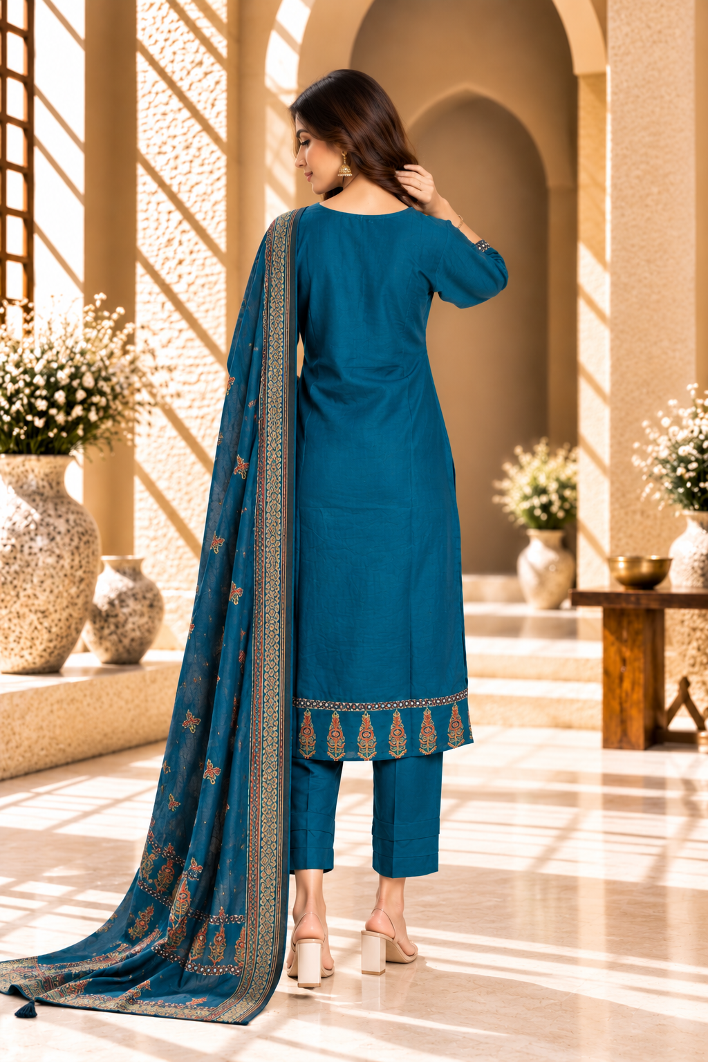 Teal Blue Printed Rayon Kurta Set