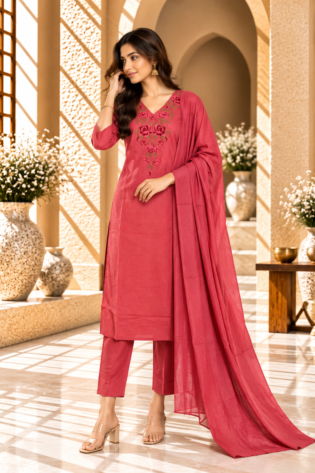Coral Pink Embroidered Rayon Kurta Set