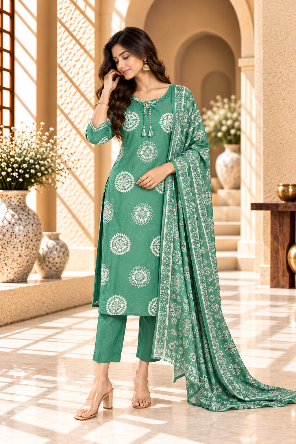 Sea Green Floral Printed Rayon Kurta Set