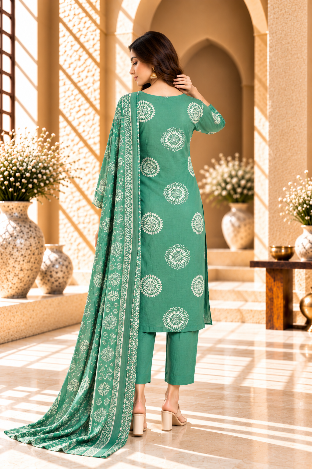 Sea Green Floral Printed Rayon Kurta Set
