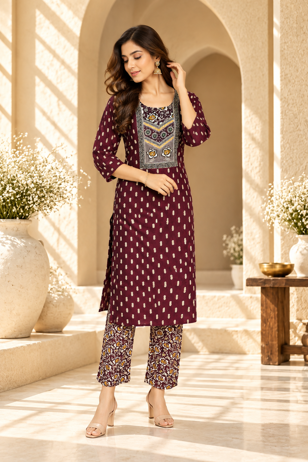 Violet & Cream Printed Rayon Kurta Set