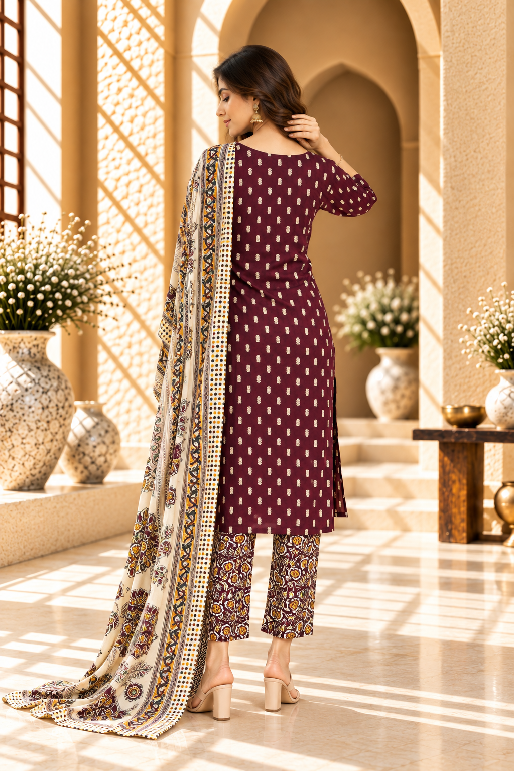 Violet & Cream Printed Rayon Kurta Set
