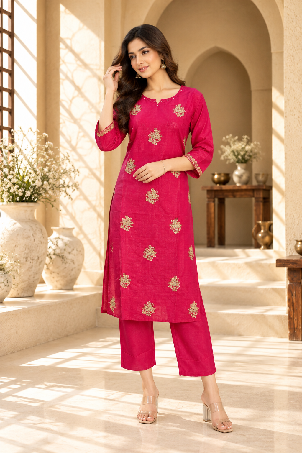 Rani Pink Embroidered Rayon Kurta Set