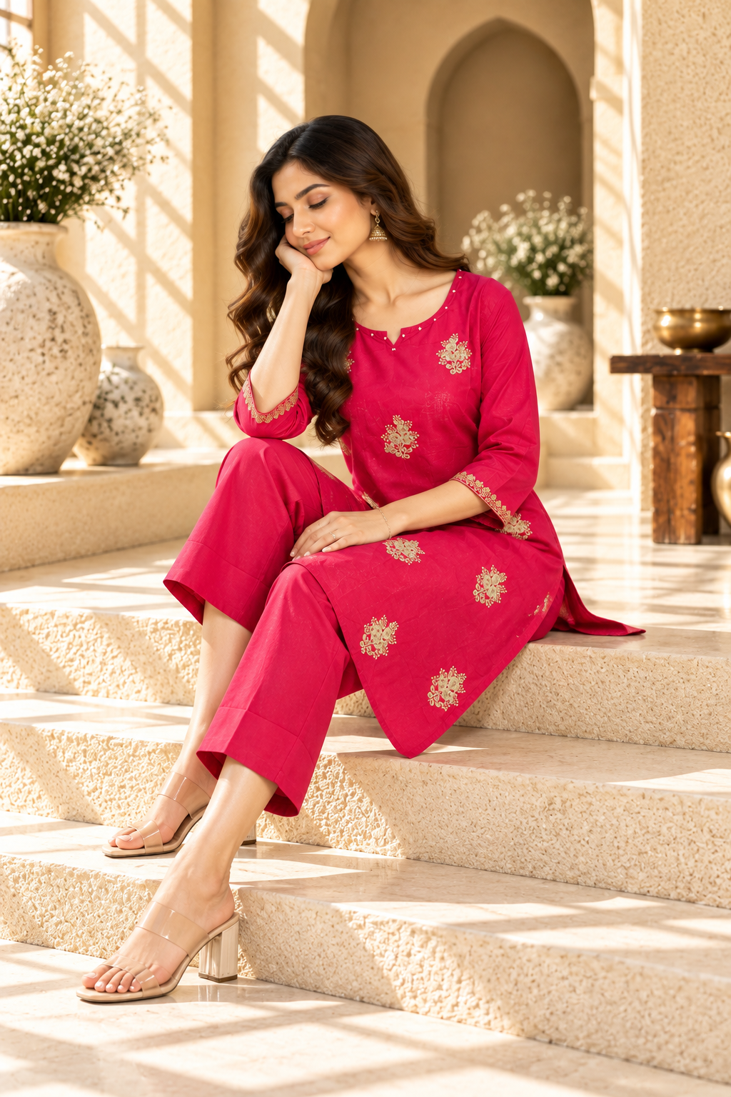 Rani Pink Embroidered Rayon Kurta Set