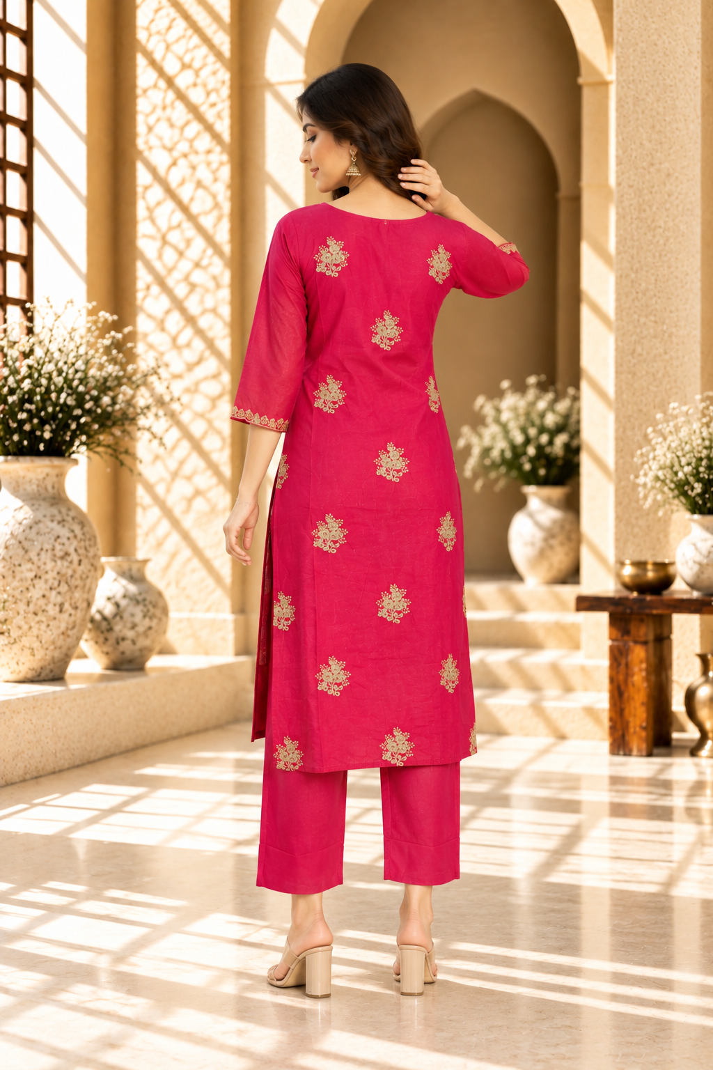 Rani Pink Embroidered Rayon Kurta Set