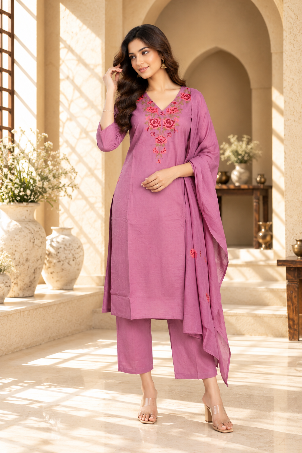 Dusty Rose Floral Embroidered Rayon Kurta Set