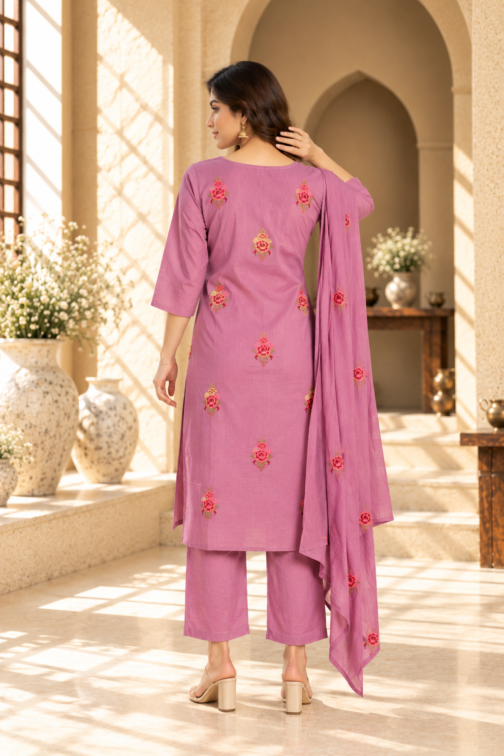 Dusty Rose Floral Embroidered Rayon Kurta Set