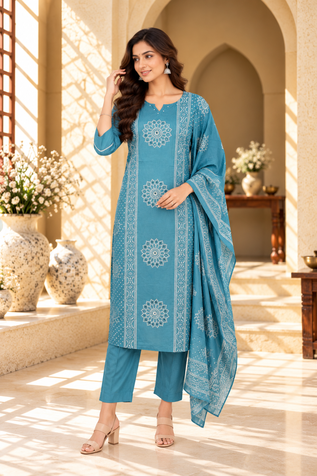 Teal Blue Printed Rayon Kurta Set