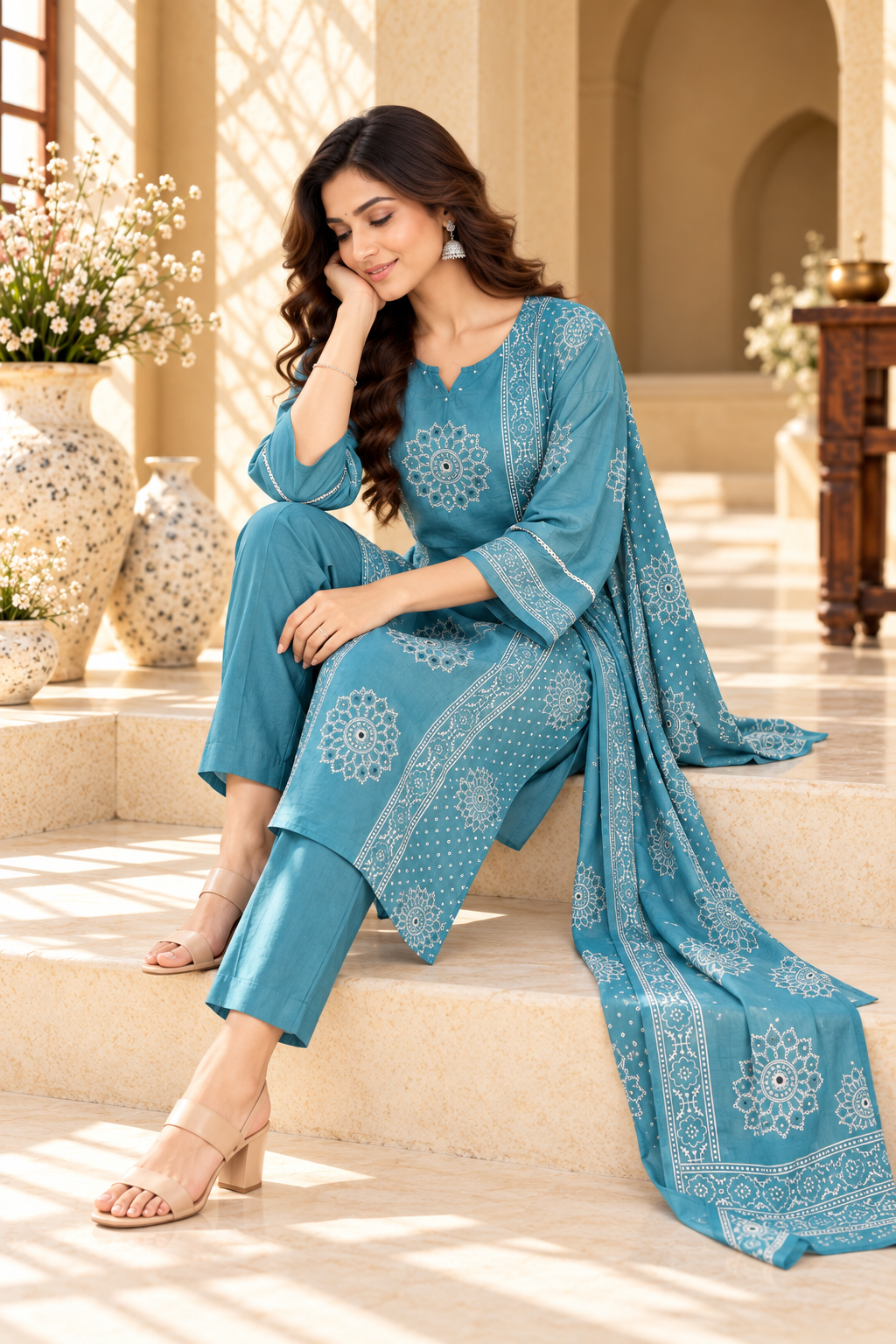 Teal Blue Printed Rayon Kurta Set