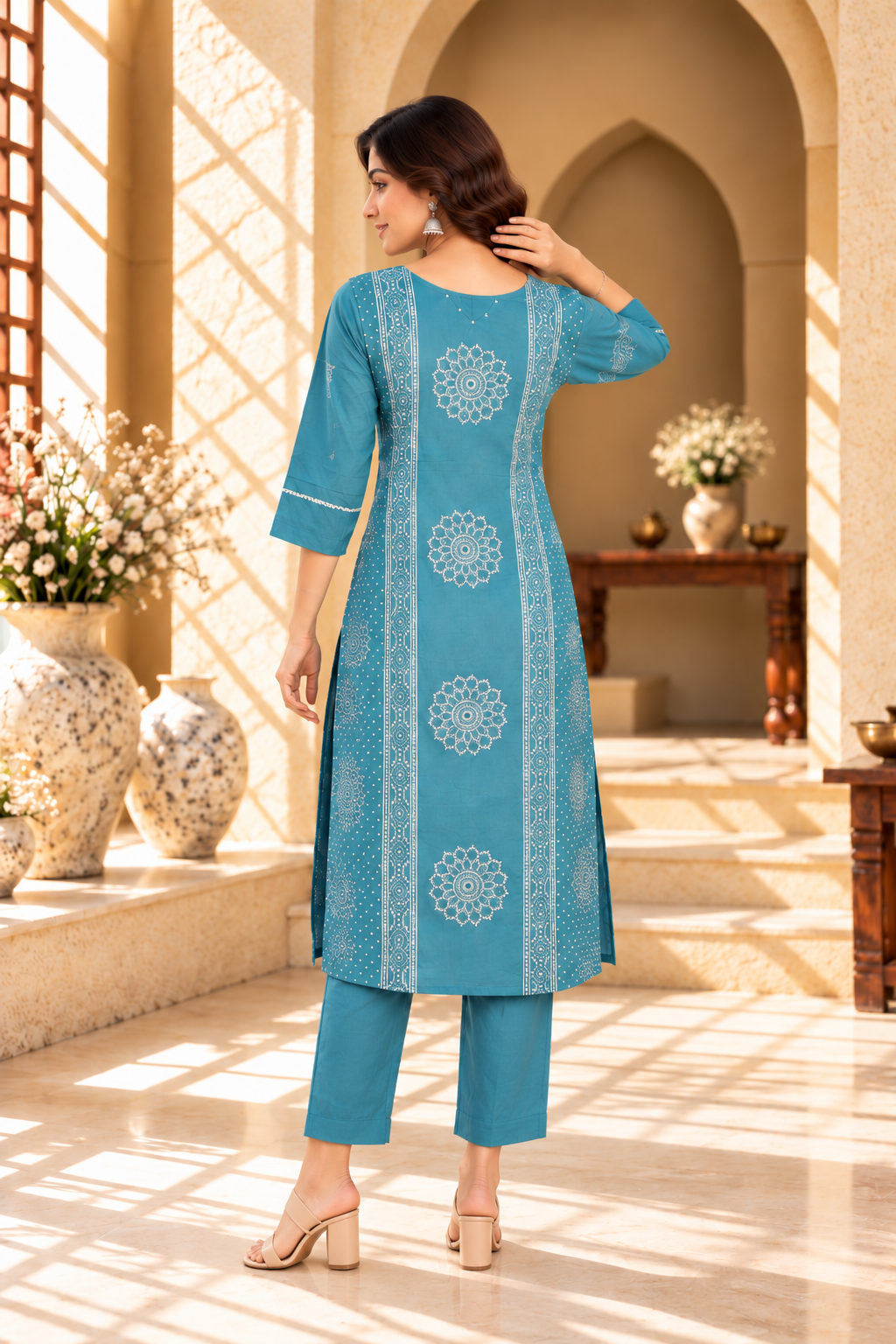 Teal Blue Printed Rayon Kurta Set