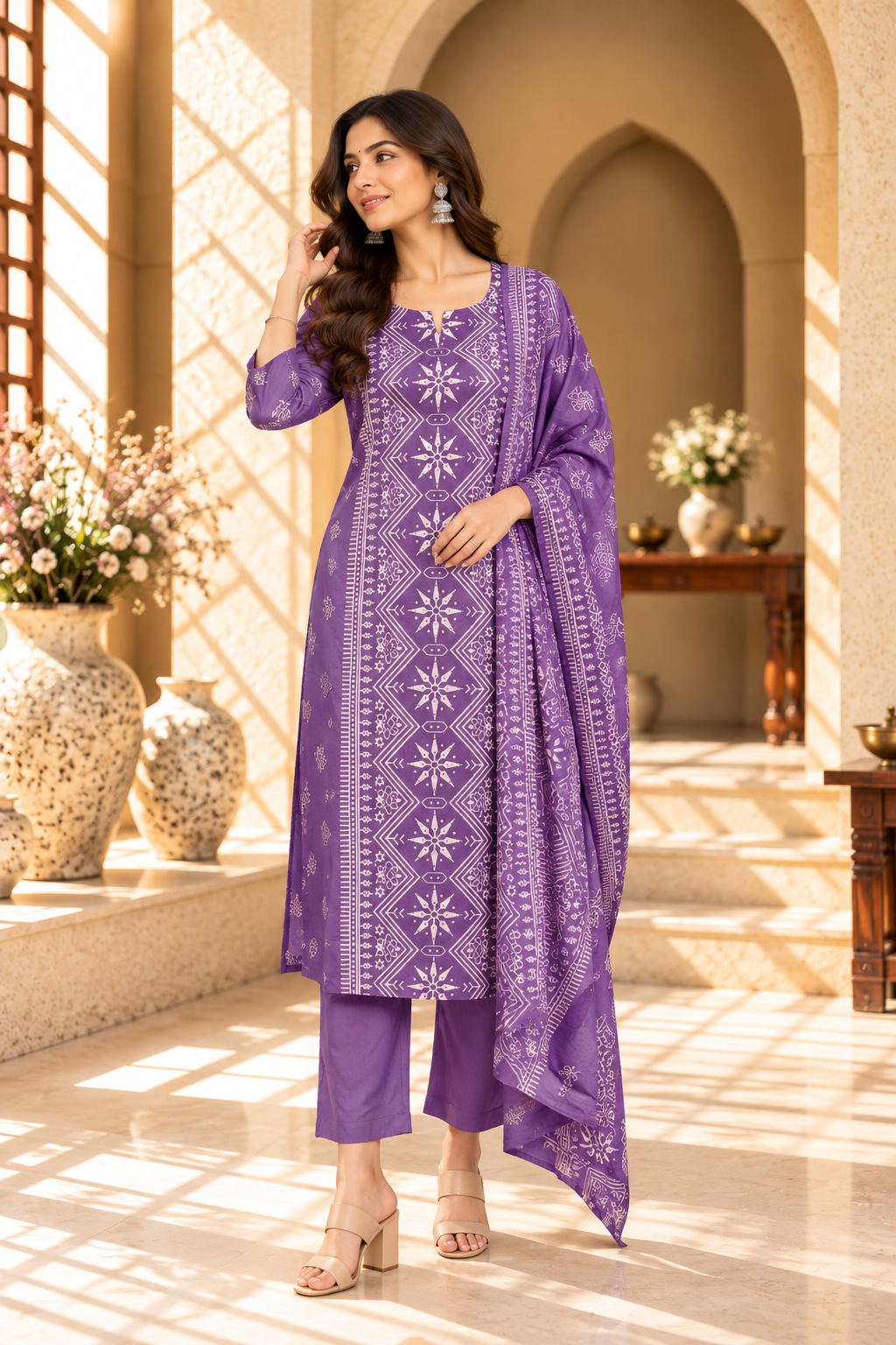 Purple Geometric Printed Rayon Kurta Set