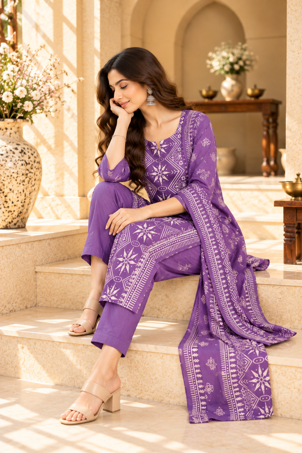 Purple Geometric Printed Rayon Kurta Set