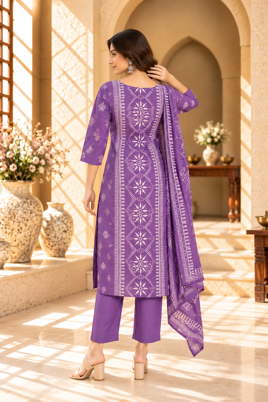 Purple Geometric Printed Rayon Kurta Set