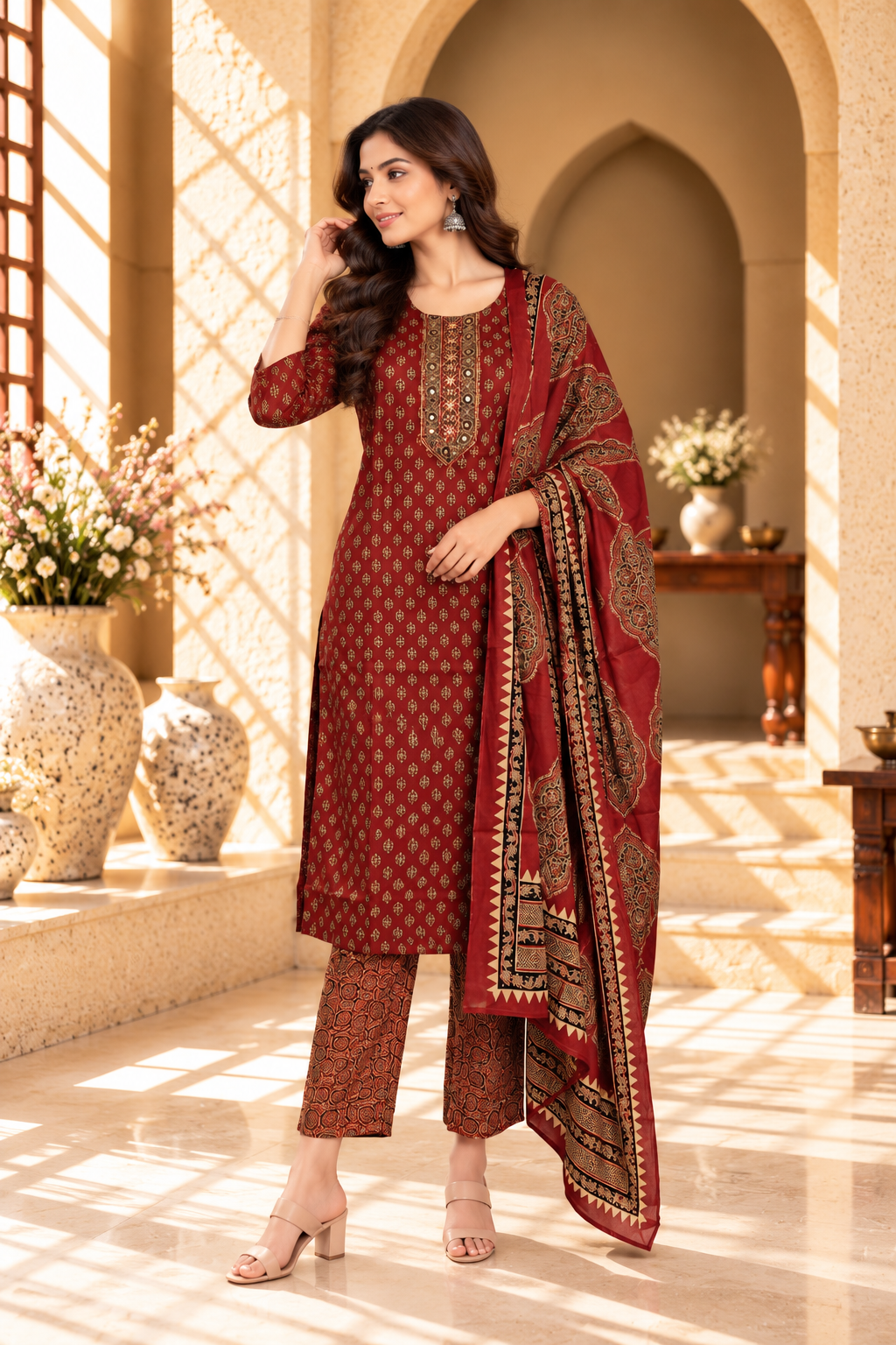 Maroon Printed Rayon Kurta Set